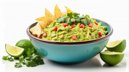  A bowl of vibrant guacamole with tortilla chips, lime wedges, and cilantro garnish, fresh and appetizing, isolated on white