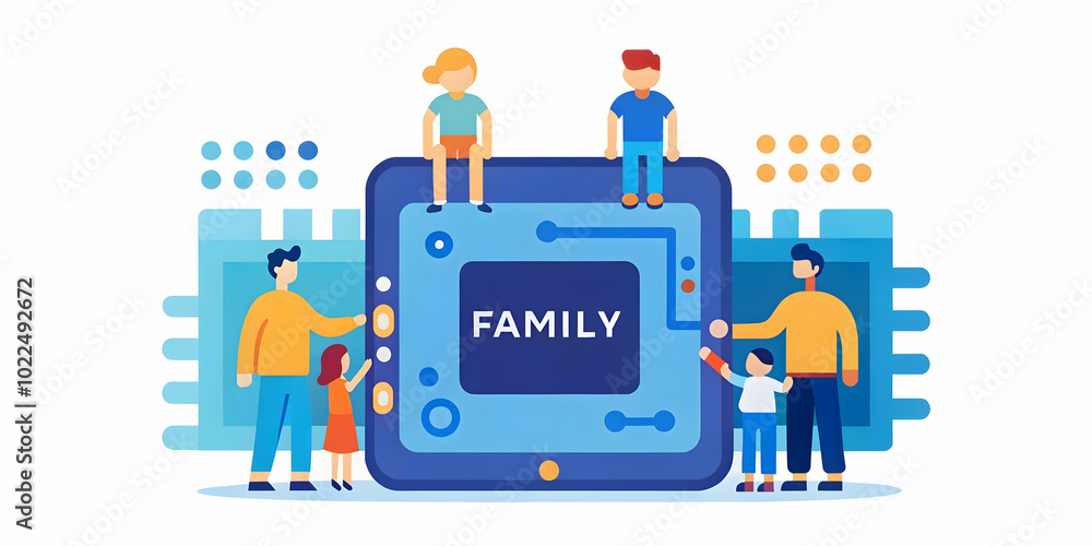 Poster close-up of a family teamwork assembling a futuristic gadget with micro components, showcasing learn