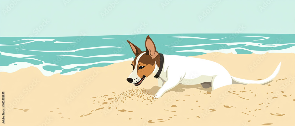 Sticker Rat Terrier Dog Digging In The Sand On A Beach - Playful Terrier Enjoying Beach Fun