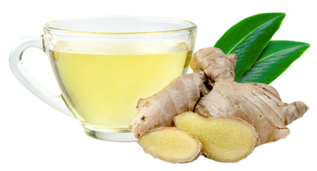 ginger tea in glass cup and leaves isolated