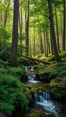 Fototapeta premium Serene forest glade with a clear flowing stream background for invitation or card screensaver