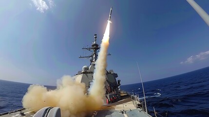 Aerial view of a missile launch from a warship towards a distant target, showcasing the power and precision of military strikes in a dark sky and ocean setting.