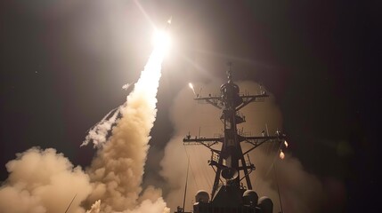 Aerial view of a missile launch from a warship towards a distant target, showcasing the power and precision of military strikes in a dark sky and ocean setting.