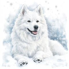 Obraz premium Samoyed Dog Playing In The Snow With Snowflakes On