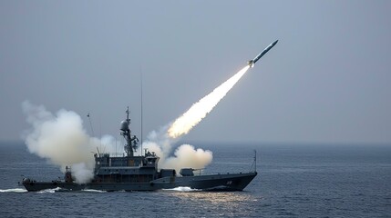 Aerial view of a missile launch from a warship towards a distant target, showcasing the power and precision of military strikes in a dark sky and ocean setting.
