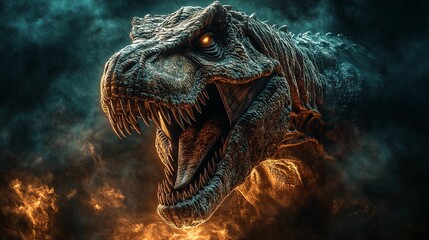 Obraz premium A Close-Up of a Roaring Tyrannosaurus Rex with Glowing Eyes in a Smoky Setting