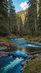 Serene river flowing through forest landscape background for invitation or card screensaver