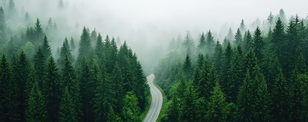 Winding Road Through a Misty Evergreen Forest