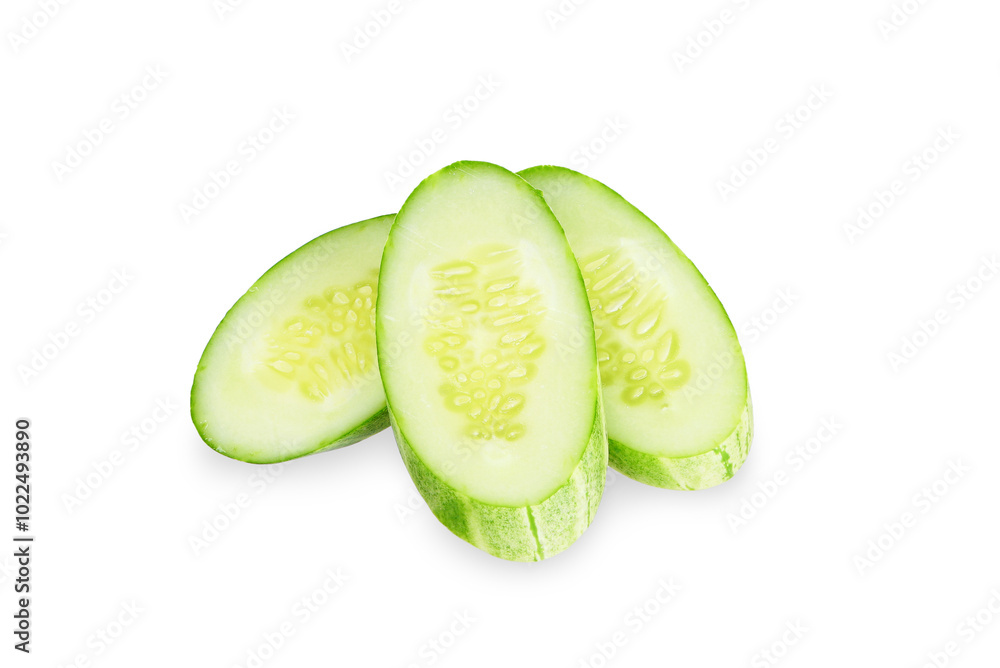 Poster sliced cucumber isolated on white background.