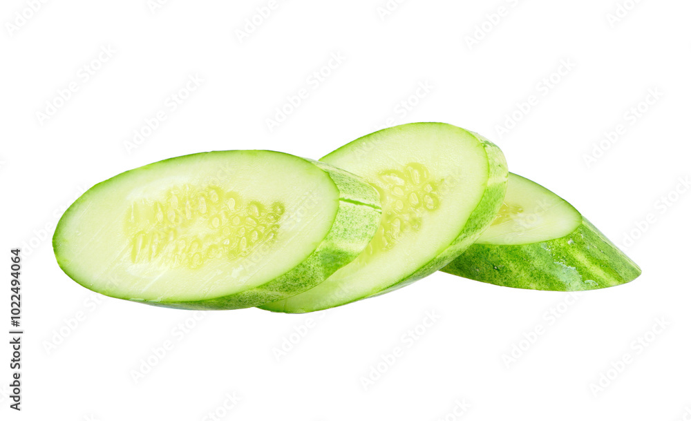 Poster sliced cucumber isolated on white background.