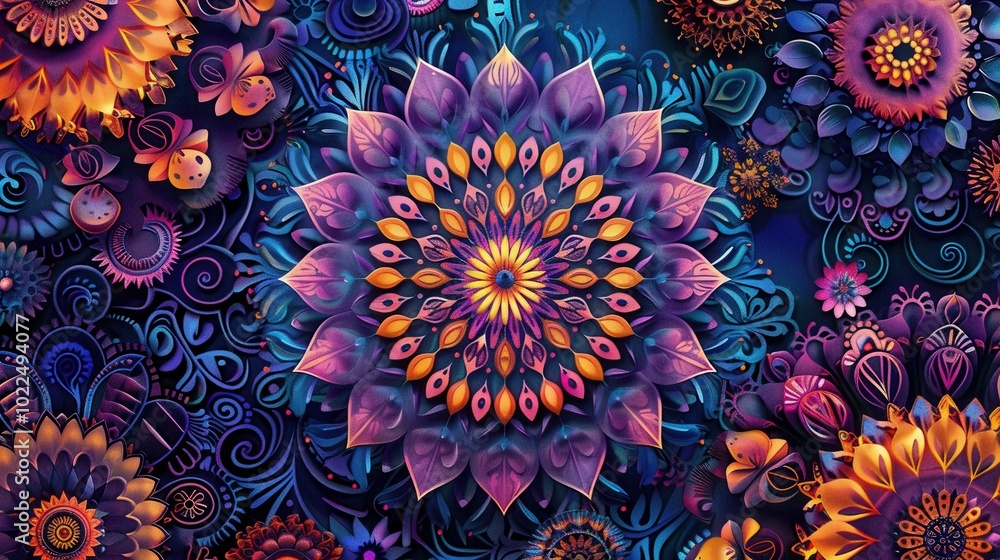 Poster Bright floral mandalas in rich colors form an intricate pattern, showcasing stunning artistry and vibrant embellishments throughout. Generative AI