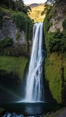 Serene waterfall cascading into a lush valley background for invitation or card screensaver