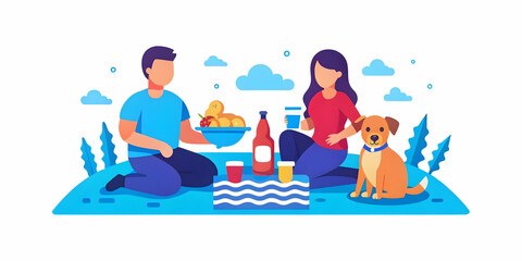 Candid Family Picnicking with Dog at Lakeside: Capturing Togetherness and Leisure Activities in Serene Outdoor Setting