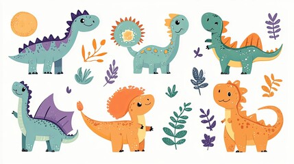 A Group of Colorful Cartoon Dinosaurs with Leaves
