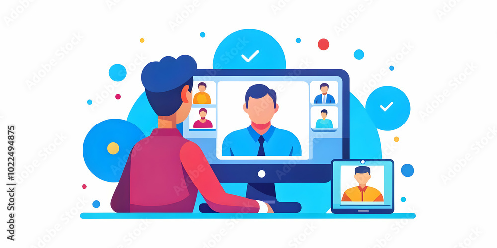 Poster abstract digital art of a person collaborating remotely on a virtual whiteboard with soft bokeh effe