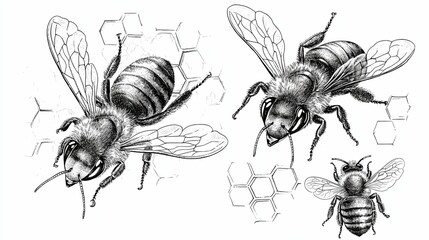 Three Detailed Bees with Honeycomb Patterns