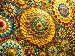 Obraz premium Vivid 3D Mosaic Patterns on Sunny Yellow Background for Vibrant Stock Photography