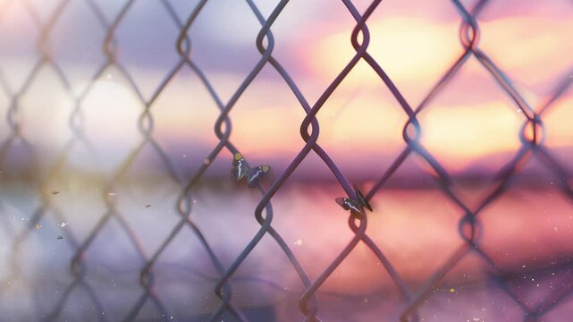 steel wire mesh fence on a sunset background seamless looping overlay 4k virtual video animation background