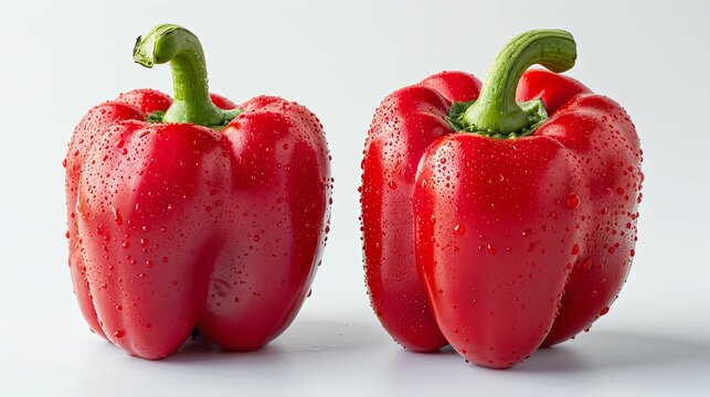 Two Red Bell Peppers with Water Droplets on White Background