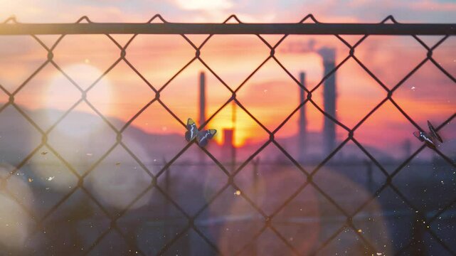 steel wire mesh fence on a sunset background seamless looping overlay 4k virtual video animation background
