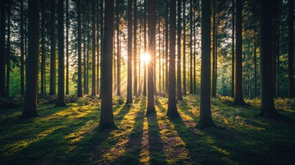 Obraz premium A sunburst shines through the trees in a dense forest, illuminating the forest floor with long shadows.