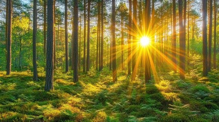 Obraz premium Sun rays shining through tall pine trees in a dense forest.