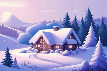 Fototapeta premium winter landscape with house and snow covered trees and mountains 