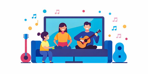 Family Enjoying an Online Concert Together in Living Room - Candid Photo Capturing Bonding and Shared Experiences Through Technology