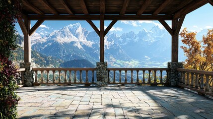 Swiss Alpine pergola featuring sturdy wooden beams with expansive mountain views.