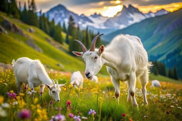 Fototapeta premium White Goats Grazing in a Mountain Meadow with Bokeh Effect on a Summer Day