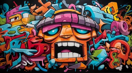 Fototapeta premium Vibrant Graffiti Mural Featuring a Cartoon Character with Bold Urban Design