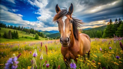 Wild Horse Close-Up Sniffing Camera in Nature with Tilt-Shift Effect