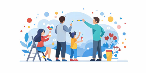 Dreamy Digital Art: Family Collaborating on a Mural with Soft Bokeh Backgrounds and Abstract Shapes, Capturing Joyful Brush Strokes and Colorful Expressions in a Creative Scene