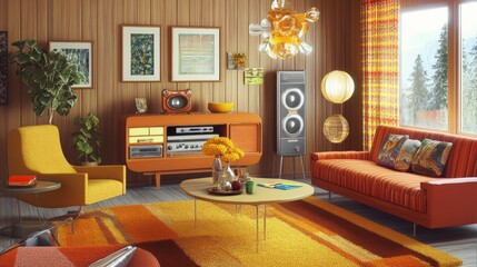 A retro-style living room from the 1970s, featuring vintage furniture, bright patterns