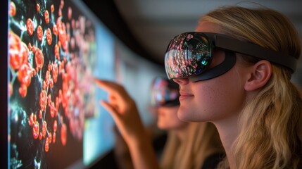 A classroom of university students engaging in a mixed reality (MR) lecture, where holographic images of molecules and planetary systems float in the air. Each student wears a pair of MR glasses 