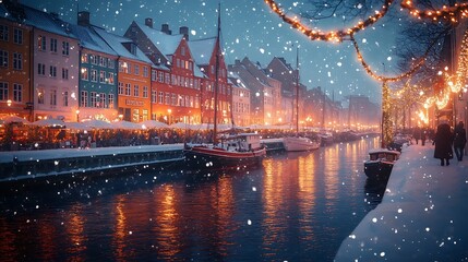 A stunning winter view of Nyhavn, Copenhagen, during Christmas, the iconic colorful houses illuminated with warm lights, snow-covered boats moored along the canal.