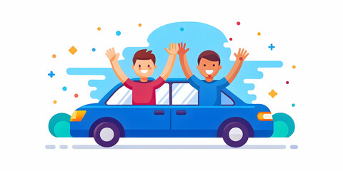 Excited Friends High Fiving in Parked Car After Passing Driving Test - Energetic Celebration with Sunset Background