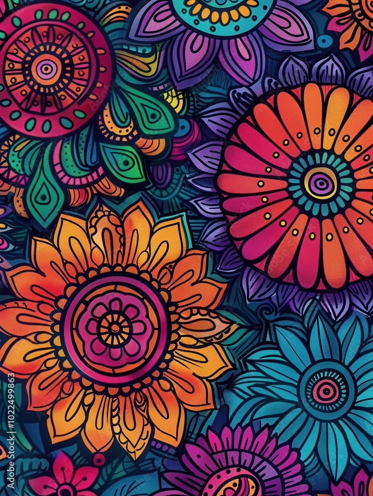 Poster a captivating display of floral mandalas features a mix of intricate patterns and vibrant colors, cr