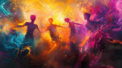 Fototapeta premium Abstract painting of four figures dancing in a colorful nebula