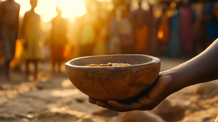 African child's hand holding an empty wooden bowl symbolizes hunger and the need for nourishment, highlighting the importance of food security and compassion in communities