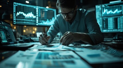 Business analyst working with financial data and graphs