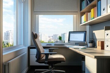 Remote work in business flat design front view home office 3D render vivid
