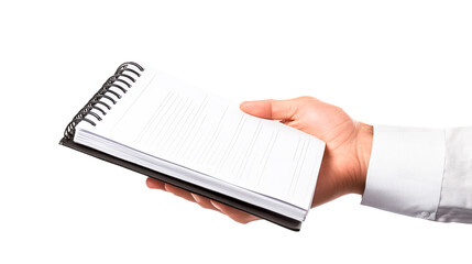 Hand Holding Blank Spiral Notebook on White Background