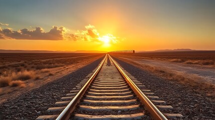 Solitary Train Traversing Remote Desert Landscape at Sunset