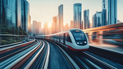 Commuter Train Speeding Through Dynamic Urban Cityscape With Towering Skyscrapers