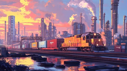 Cargo Train Passing Through Industrial Landscape with Shipping Containers and Warehouses