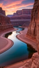 Tranquil river winding through a canyon at sunset background for invitation or card screensaver