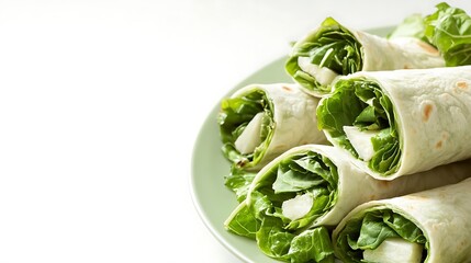 Obraz premium Close up of a plate of four tortilla wraps with lettuce and mozzarella cheese.