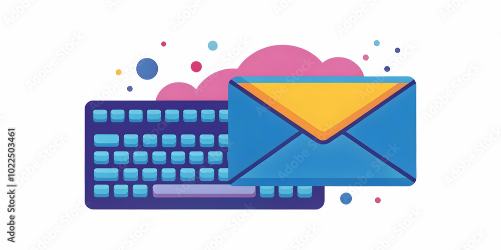 Poster envelope and keyboard on plain background: a simple image symbolizing communication and remote work 