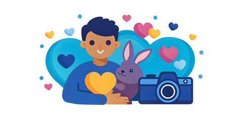 Tender Pet Therapy: Bokeh Hearts Surrounding a Person Holding a Rabbit - Softly Focused Image Capturing Warmth and Connection in Stock Photography